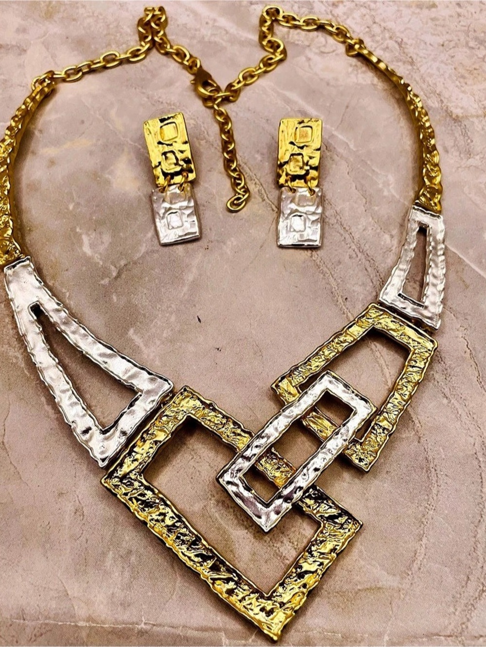 KARINE SULTAN Two-Tone Geometric Statement Necklace & Earrings Set. 22 inches